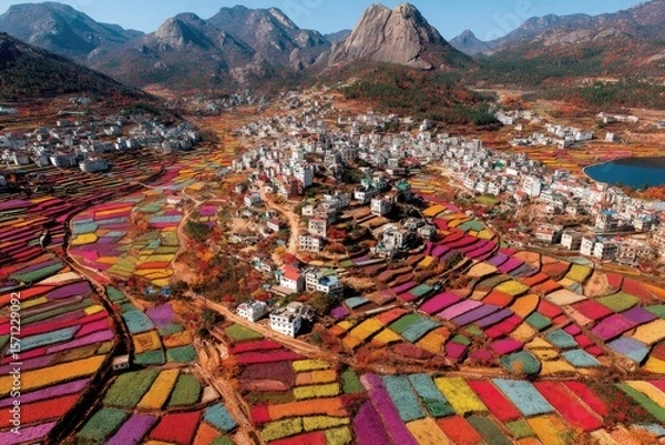 Fototapeta Vibrant patchwork fields surround a village nestled in a valley