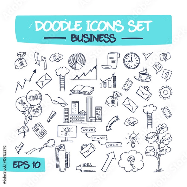 Fototapeta Doodle Icons Set - Business. Sketch Sign Illustration on Paper of Business Items. Hand Drawing Line Icons of Envelope, Infographic, Monitor, Flipchart, Briefcase, Book, and Money. .