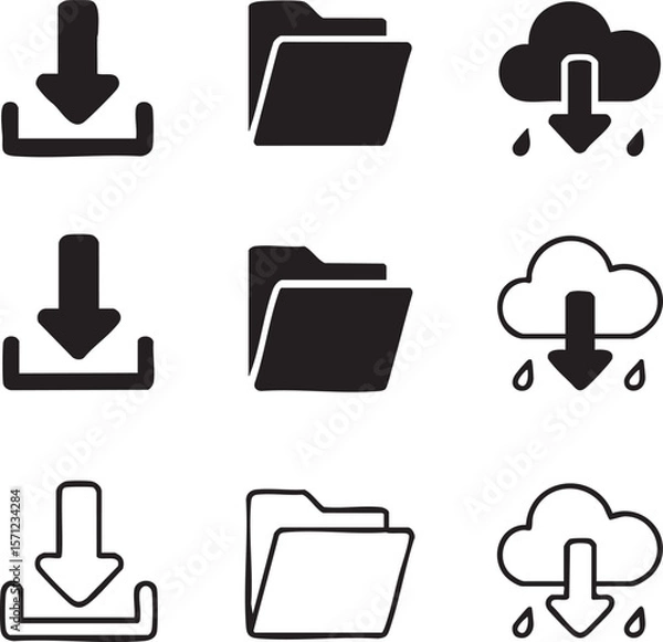 Obraz Digital data transfer and storage vector icon set for cloud downloads and folder management in black and white