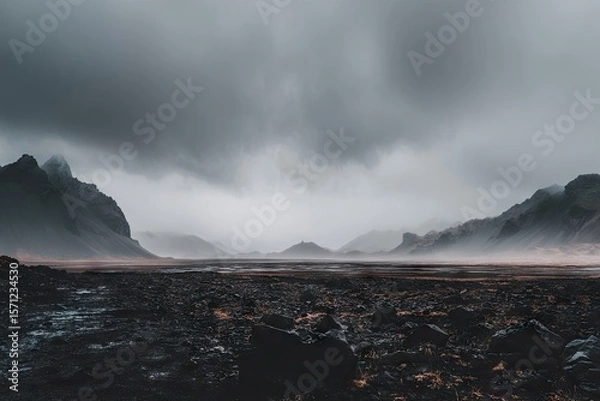 Fototapeta Vast, rocky landscape under a brooding sky