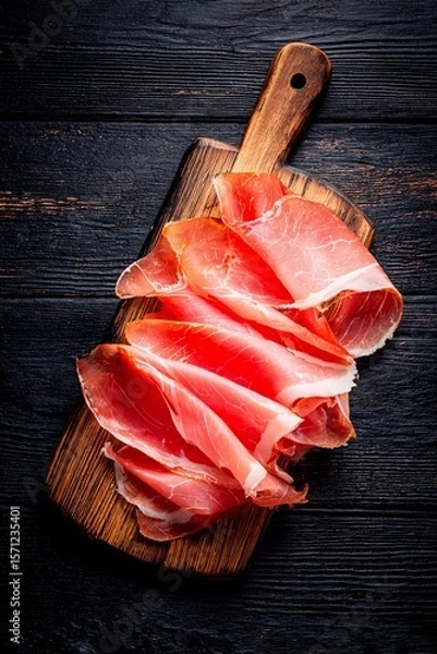 Fototapeta Sliced cured ham is artfully arranged on a wooden cutting board, showcasing its rich color and texture, ideal for serving at gatherings or enjoying as a snack