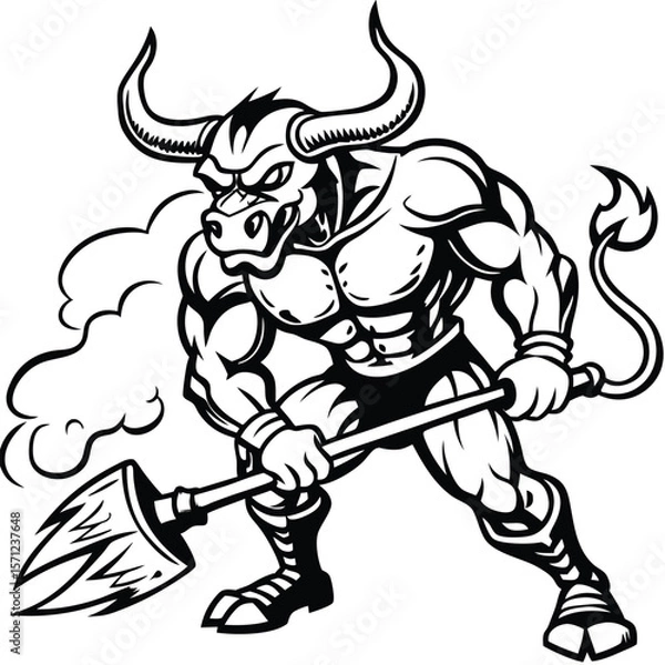 Fototapeta Fierce minotaur warrior holding a trident with smoke silhouette