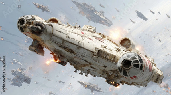 Fototapeta White Spaceship Under Attack Amidst a Galactic Battle