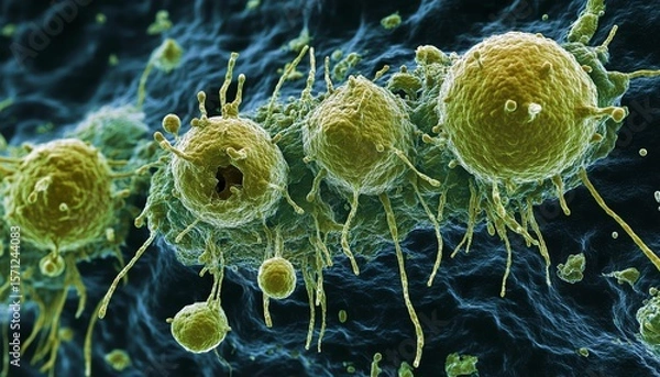 Fototapeta Microscopic view of bacteria consuming food particles, highlighting their unique cell structure and absorption mechanisms, microbiology, bacteria