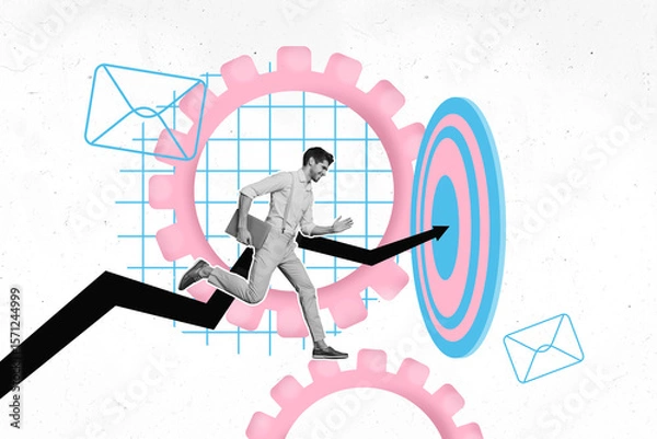 Fototapeta Artwork sketch image vertical collage of happy businessman run gearwheel arrow target carry laptop career promotion success