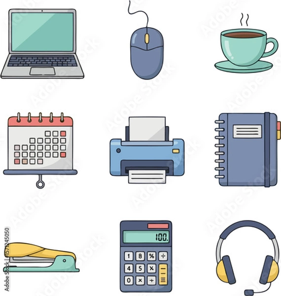Fototapeta A collection of office-related icons, including a laptop, mouse, coffee cup, calendar, printer, notebook, stapler, calculator, and headphones.