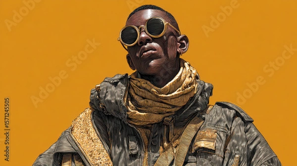 Fototapeta Close up Portrait of a Man with Textured Scarf and Sunglasses Against a Yellow Background