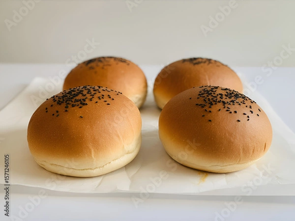 Fototapeta A close up shot of four burger buns with sesame seeds on a white surface in a well lit environment