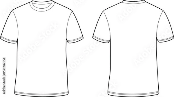 Fototapeta Plain short sleeve t-shirt, front and back view, fashion flat sketch, CAD drawing, vector apparel template, unisex casual wear design