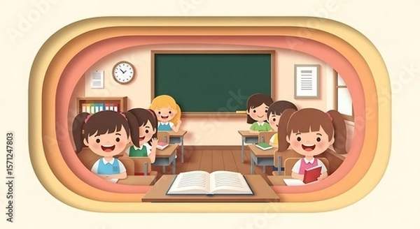 Fototapeta Happy Students in a Vibrant Classroom Setting Paper Cutout Style Illustration