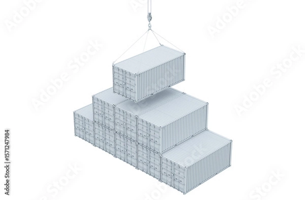 Fototapeta Crane assembly of shipping containers forming a pyramid-shaped stack. Mock up. Isometric view. Isolated on a transparent background. 3d illustration.