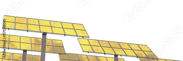 Fototapeta Solar power station at sunset isolated on a transparent background. Sun panels reflecting the vibrant sunset sky and clouds. 3D illustration.