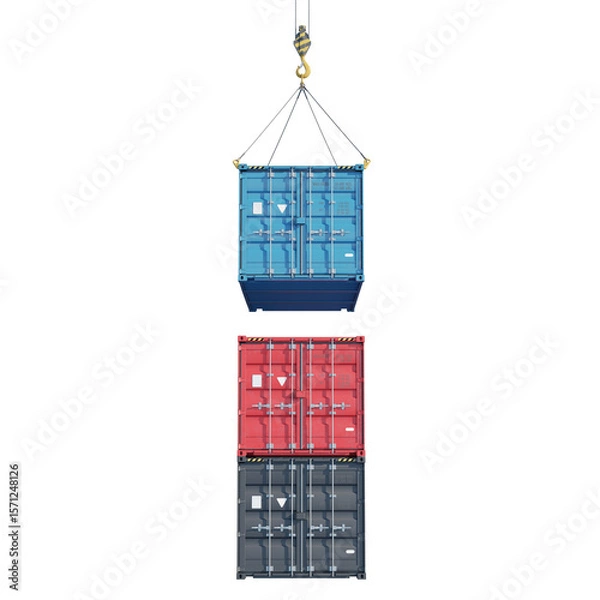 Fototapeta Stacking shipping containers isolated on a transparent background. Front view. 3d illustration.