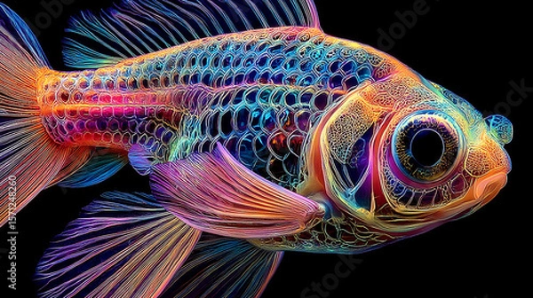 Fototapeta Stunning iridescent goldfish with intricate glowing patterns on scales and fins