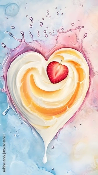 Fototapeta Heart-shaped yogurt swirl with a strawberry, in vibrant colors.