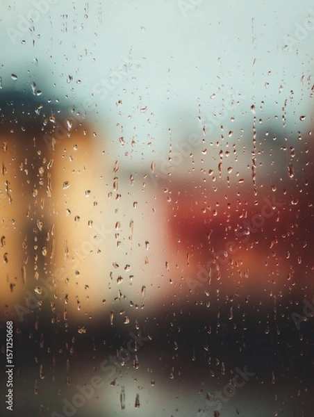 Fototapeta Blurred photography of rain falling against window mood setting urban environment closeup viewpoint