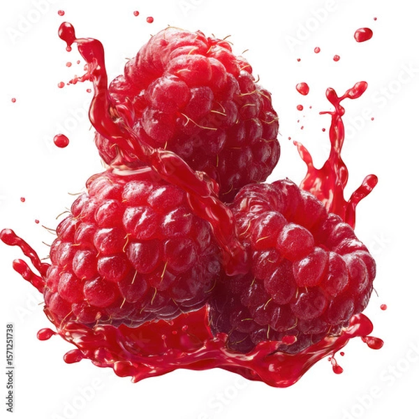 Obraz Three ripe raspberries splashing in vibrant red juice isolated on transparent background