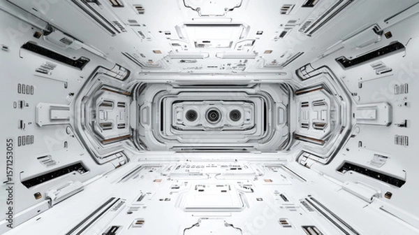 Fototapeta Futuristic White Spaceship Corridor Interior Geometric Design and Bright Lighting