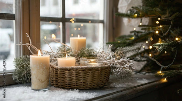 Fototapeta Warm Christmas candles and pine branches by frosty window with glowing lights