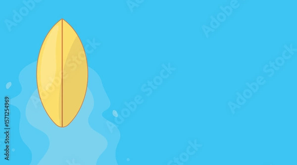 Fototapeta Minimal vector-style illustration of a yellow surfboard floating on calm blue water. Designed as a versatile background for summer, travel, beach, and surfing-themed content
