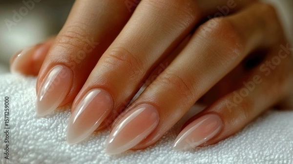 Fototapeta Close-up of beautifully manicured, long, pointed nails with a delicate, light beige ombre