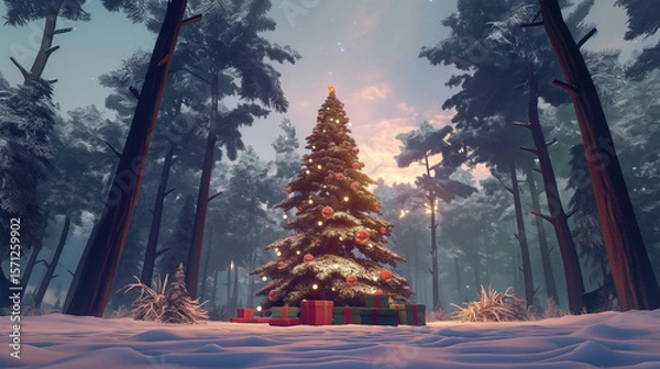 Fototapeta Glowing Christmas tree with gifts in snowy forest at twilight
