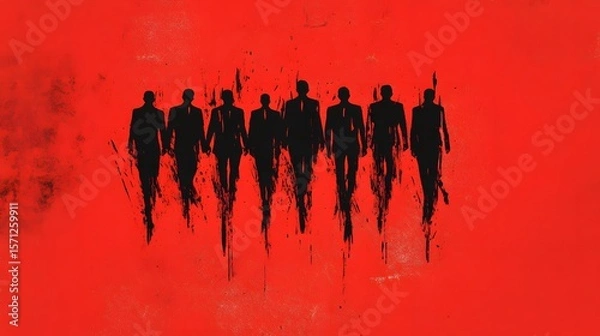 Fototapeta Group of figures in suits walking on a red background.