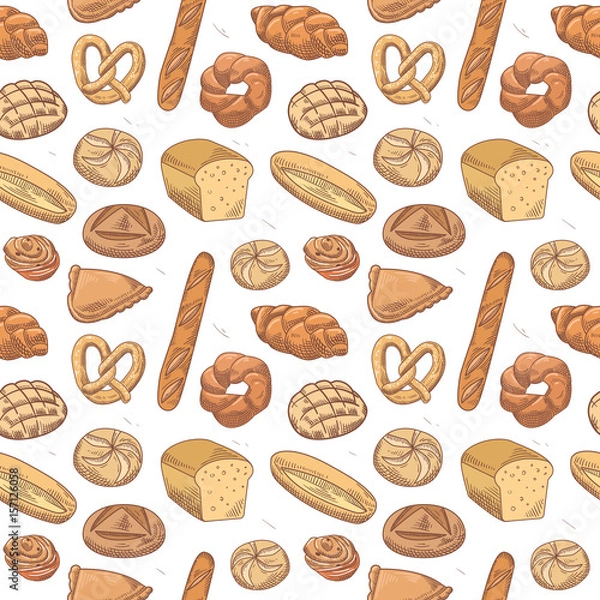 Fototapeta Bakery Hand Drawn Seamless Pattern. Fresh Bread and Buns Background. Vector illustration