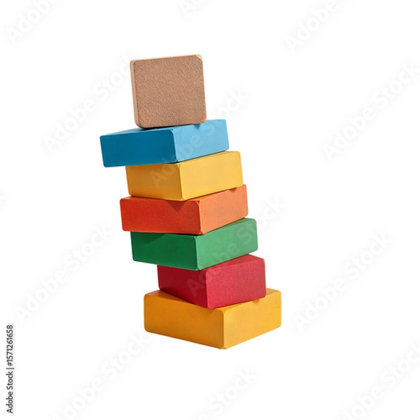 Obraz Colorful Wooden Toy Blocks Stacked in a Tower, Isolated transparent background
