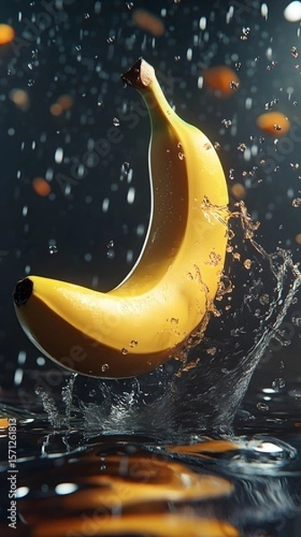 Fototapeta A ripe banana entering a body of water with splashes.