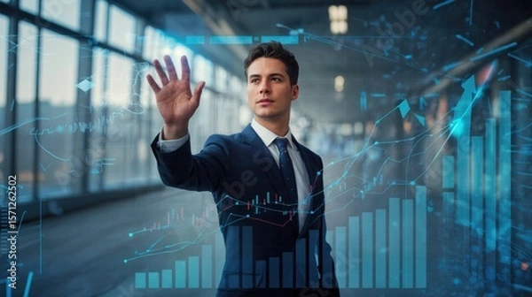 Fototapeta A young Caucasian man in a suit interacts with a digital interface displaying graphs and data in a modern office environment.