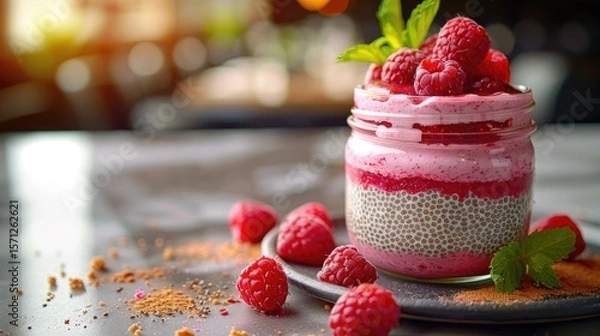 Fototapeta A delicious dessert in a glass jar with layers of raspberry and chia seeds. Fresh raspberries and mint leaves are placed around the jar on a dark surface.