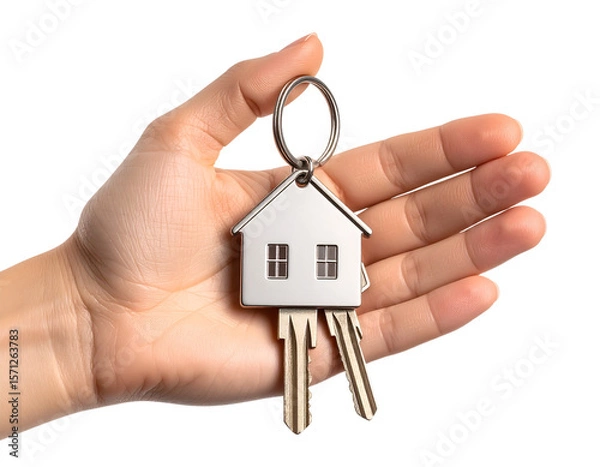 Fototapeta House Keychain with Keys in Open Palm, isolated on white background