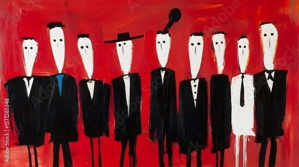 Fototapeta Group of stylized figures in black suits against a red background.