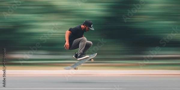 Fototapeta Motion blur photography of skateboarder jumping in urban park dynamic action scene vibrant environment