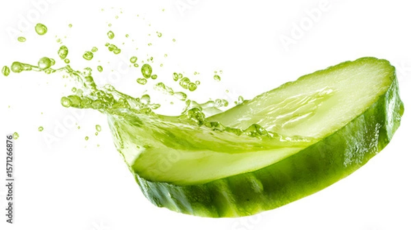 Fototapeta Falling cucumber slice isolated on a white background