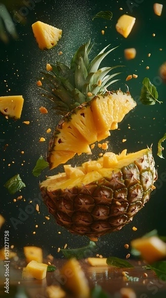 Fototapeta Sliced pineapple in mid-air, exploding in a vibrant display.