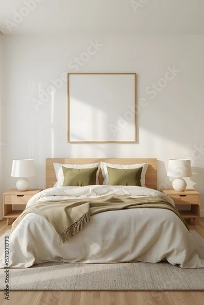 Fototapeta Serene Minimalist Bedroom:  Neutral Tones, Wooden Accents, and a Blank Canvas Mockup Above the Bed.