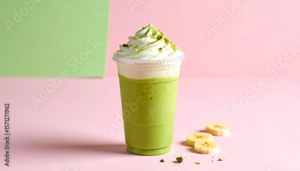 Fototapeta Aesthetic Iced Matcha Coffee Latte in Clear Cup with Pink-Green Milk Layers and Whipped Cream, Set Against a Pastel Pink Background with Soft Shadows and Minimal Styling