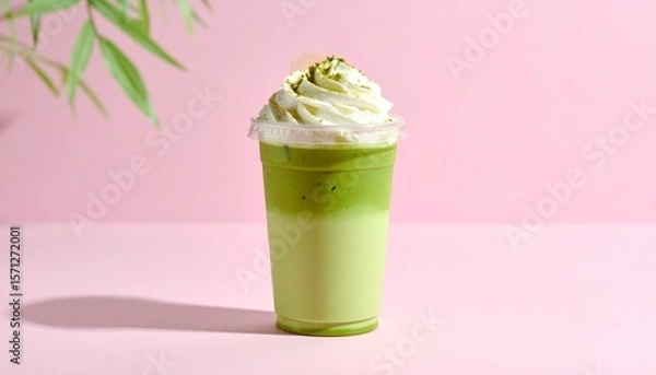 Fototapeta Aesthetic Iced Matcha Coffee Latte in Clear Cup with Pink-Green Milk Layers and Whipped Cream, Set Against a Pastel Pink Background with Soft Shadows and Minimal Styling