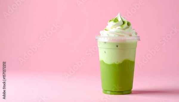 Fototapeta Aesthetic Iced Matcha Coffee Latte in Clear Cup with Pink-Green Milk Layers and Whipped Cream, Set Against a Pastel Pink Background with Soft Shadows and Minimal Styling