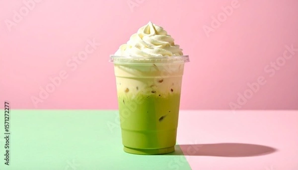 Fototapeta Aesthetic Iced Matcha Coffee Latte in Clear Cup with Pink-Green Milk Layers and Whipped Cream, Set Against a Pastel Pink Background with Soft Shadows and Minimal Styling