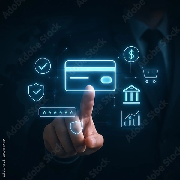Fototapeta A man's finger interacts with a glowing credit card and related financial security icons on a dark background.