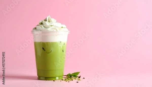 Fototapeta Aesthetic Iced Matcha Coffee Latte in Clear Cup with Pink-Green Milk Layers and Whipped Cream, Set Against a Pastel Pink Background with Soft Shadows and Minimal Styling