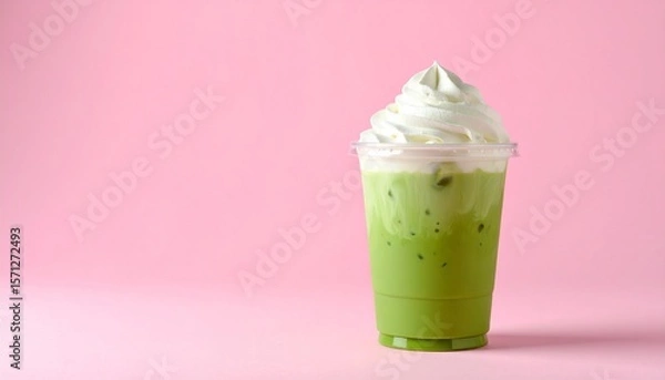 Fototapeta Aesthetic Iced Matcha Coffee Latte in Clear Cup with Pink-Green Milk Layers and Whipped Cream, Set Against a Pastel Pink Background with Soft Shadows and Minimal Styling
