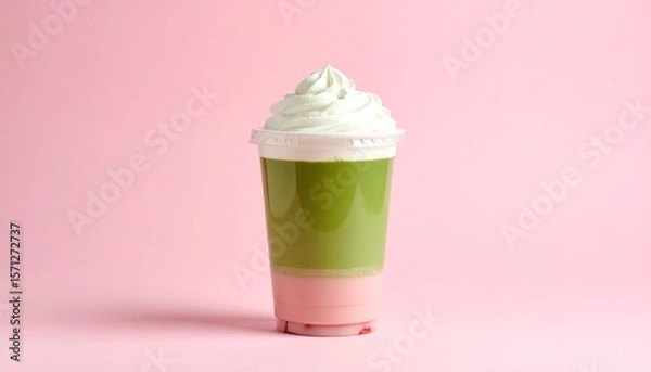 Fototapeta Aesthetic Iced Matcha Strawberry Latte in Clear Cup with Distinct Pink-Green Milk Layers and Whipped Cream, Set Against a Pastel Pink Background with Soft Shadows and Minimal Styling