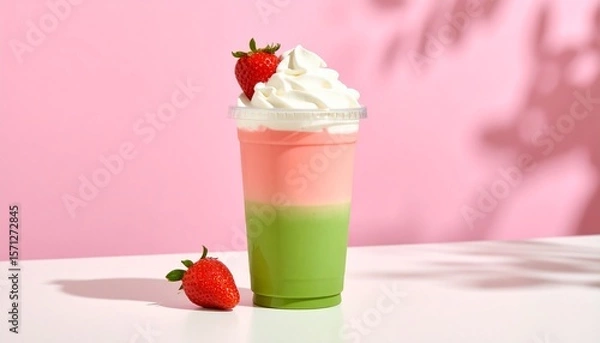 Fototapeta Aesthetic Iced Matcha Strawberry Latte in Clear Cup with Distinct Pink-Green Milk Layers and Whipped Cream, Set Against a Pastel Pink Background with Soft Shadows and Minimal Styling