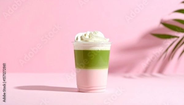 Fototapeta Aesthetic Iced Matcha Strawberry Latte in Clear Cup with Distinct Pink-Green Milk Layers and Whipped Cream, Set Against a Pastel Pink Background with Soft Shadows and Minimal Styling