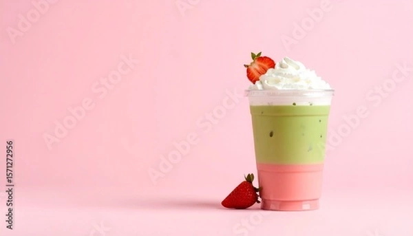 Fototapeta Aesthetic Iced Matcha Strawberry Latte in Clear Cup with Distinct Pink-Green Milk Layers and Whipped Cream, Set Against a Pastel Pink Background with Soft Shadows and Minimal Styling