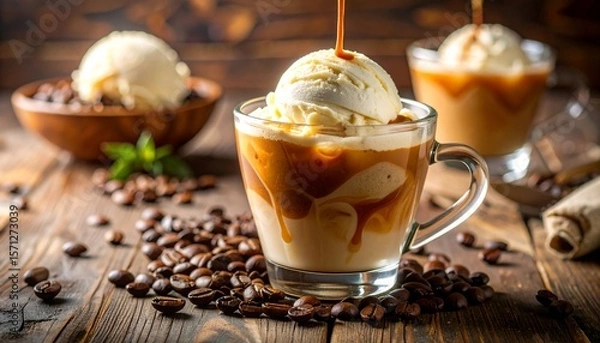Fototapeta Photo-Realistic Close-Up of Creamy Ice Cream Coffee Dessert in Clear Glass Cup with Rich Espresso Over Vanilla Ice Cream, Swirls and Froth, Coffee Beans, and Warm Rustic Café Setting